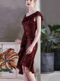Summer Occassional Burgunry Sequin Fishtail Cocktail Dress