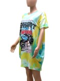 Summer Tie Dye Print O-Neck Regular Shirt Dress