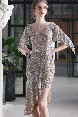 Summer Occassional Formal Silver Sequin Irregular Short Cocktail Dress
