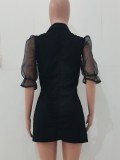 Autumn Casual Black Blazer Dress with Mesh Sleeves