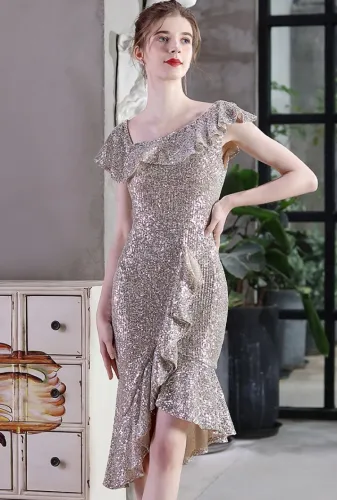 Summer Occassional Silver Sequin Fishtail Cocktail Dress