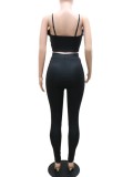 Summer Formal Black Feather Strap Crop Top and Pants 2 Piece Set