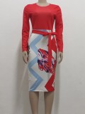 Autumn Professional Print Office Midi Dress with Belt