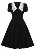 Summer Elegant Black Turndown Collar Vintage Skater Dress