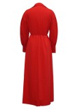Autumn Casual Red Long Blouse Dress with Belt