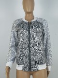 Autumn Letter Print Zip Up Baseball Jacket with Sequin Sleeves