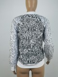 Autumn Letter Print Zip Up Baseball Jacket with Sequin Sleeves