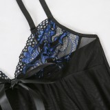 Summer Black Lace Patch See Through Mesh Babydoll with Panty 2 Piece Lingerie Set