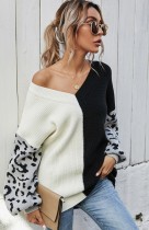 Suéter con cuello en V y bloque de color otoñal con mangas de leopardo
