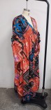 Autumn Elegant Print Colorful Puff Sleeve V-Neck Long Maxi Dress