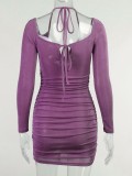 Autumn Party Purple Sexy Ruched Mini Dress with Full Sleeves