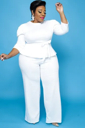 Autumn Plus Size Formal White Peplum Top and Pants Set