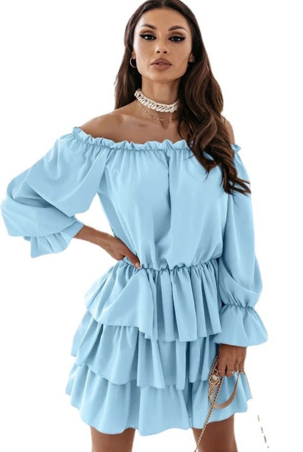 Autumn Casual Blue Off Shoulder Pleated Skater Dress