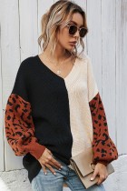 Autumn Color Block V-Neck Pullover Sweater with Leopard Sleeves