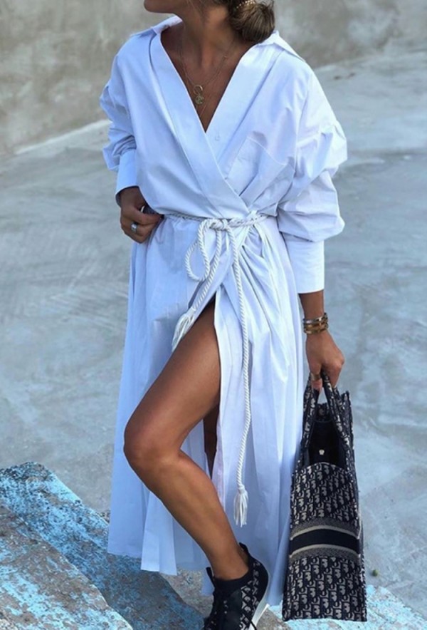 Autumn Casual White Long Blouse Dress with Belt