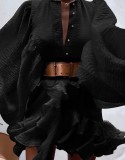 Autumn Formal Black Puff Sleeves Ruffles Short Dress with Belt