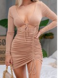 Autumn Party Sexy Deep-V Ruched Mini Dress Pink