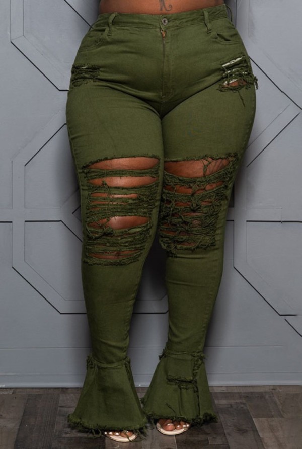 Autumn Plus Size Green High Waist Ripped Flare Jeans