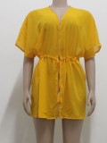 Summer Yellow Drawstrings Blouse Cover-Up