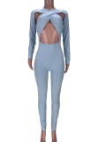 Autumn Blue Cut Out Long Sleeve Sexy Basic Jumpsuit
