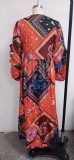 Autumn Elegant Print Colorful Puff Sleeve V-Neck Long Maxi Dress
