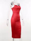 Summer Elegant Red Satin Irregular Strap Long Party Dress