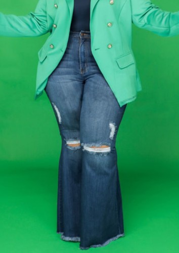 Jeans acampanados rasgados de cintura alta azul de talla grande de otoño