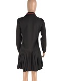 Autumn Casual Black Pleated Mini Dress with Full Sleeves