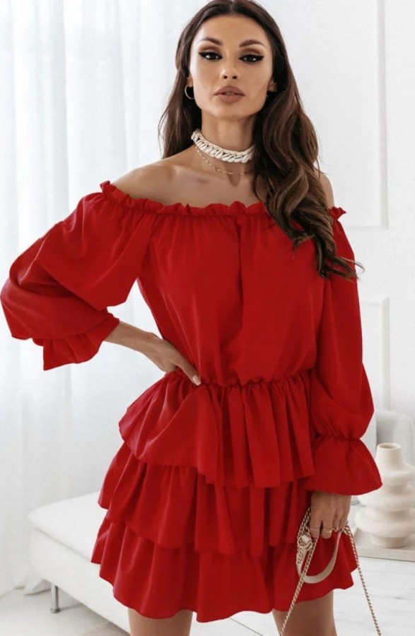 Autumn Casual Red Off Shoulder Pleated Skater Dress