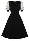 Summer Elegant Black Vintage Skater Dress with Polka Mesh Sleeves