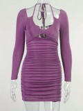 Autumn Party Purple Sexy Ruched Mini Dress with Full Sleeves