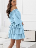 Autumn Casual Blue Off Shoulder Pleated Skater Dress