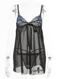 Summer Black Lace Patch See Through Mesh Babydoll with Panty 2 Piece Lingerie Set
