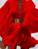 Autumn Formal Red Puff Sleeves Ruffles Short Dress with Belt