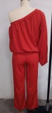 Autumn Formal Red One Shoulder Puff Sleeve Top and Pants 2 Piece Set