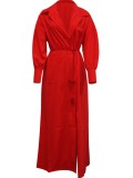 Autumn Casual Red Long Blouse Dress with Belt