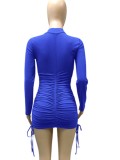 Autumn Casual Blue Ruched Strings Mini Dress