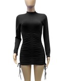 Autumn Casual Black Ruched Strings Mini Dress