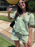 Summer Casual Green Plaid Blouse and Shorts 2 Piece Lounge Set