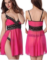 Summer Pink Lace Patch Babydoll Lingerie with Matching Panty