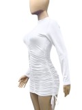 Autumn Casual White Ruched Strings Mini Dress