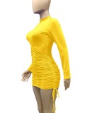 Autumn Casual Yellow Ruched Strings Mini Dress