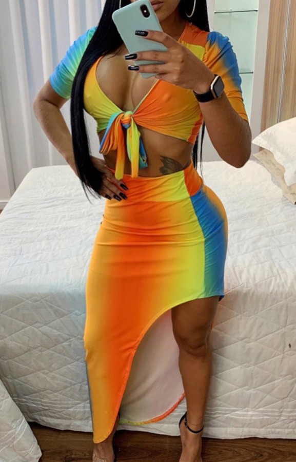 Summer Multicolor Knotted Crop Top and Irregular Maxi Skirt Set