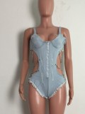 Summer Blue Distressed Cut Out Sexy Chains Strap Bodysuit