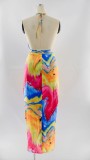 Summer Multicolor Sexy Halter Crop Top and Midi Skirt Set