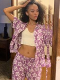 Summer Casual Floral Purple Blouse and Shorts 2 Piece Lounge Set
