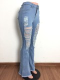 Summer Light Blue Distressed High Waist Ripped Flare Jeans
