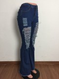 Summer Dark Blue Distressed High Waist Ripped Flare Jeans