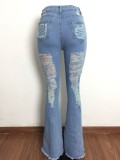 Summer Light Blue Distressed High Waist Ripped Flare Jeans