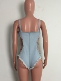Summer Blue Distressed Cut Out Sexy Chains Strap Bodysuit